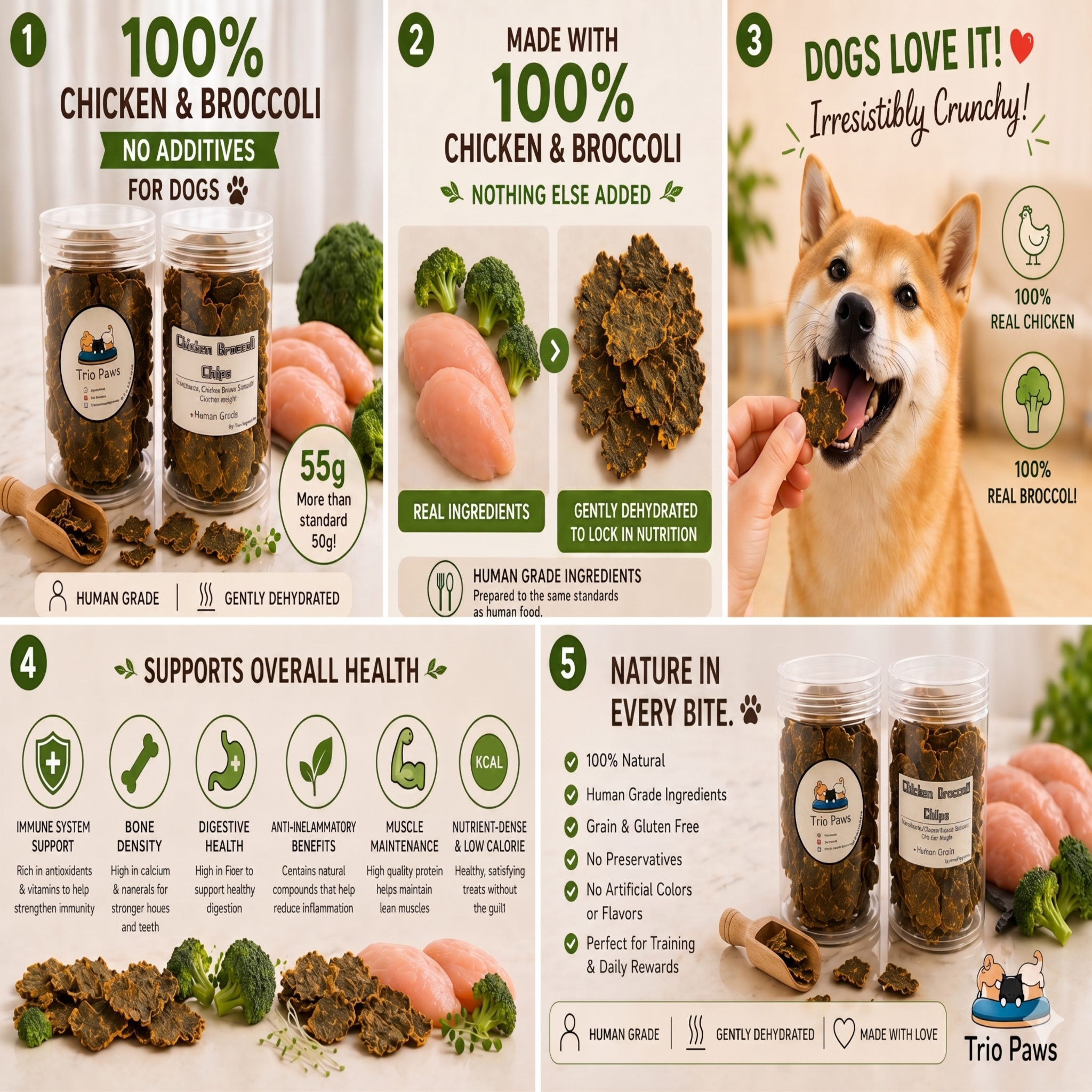 Chicken Broccoli Chips for Dogs & Cats (55g) | Natural Dog & Cat Treats