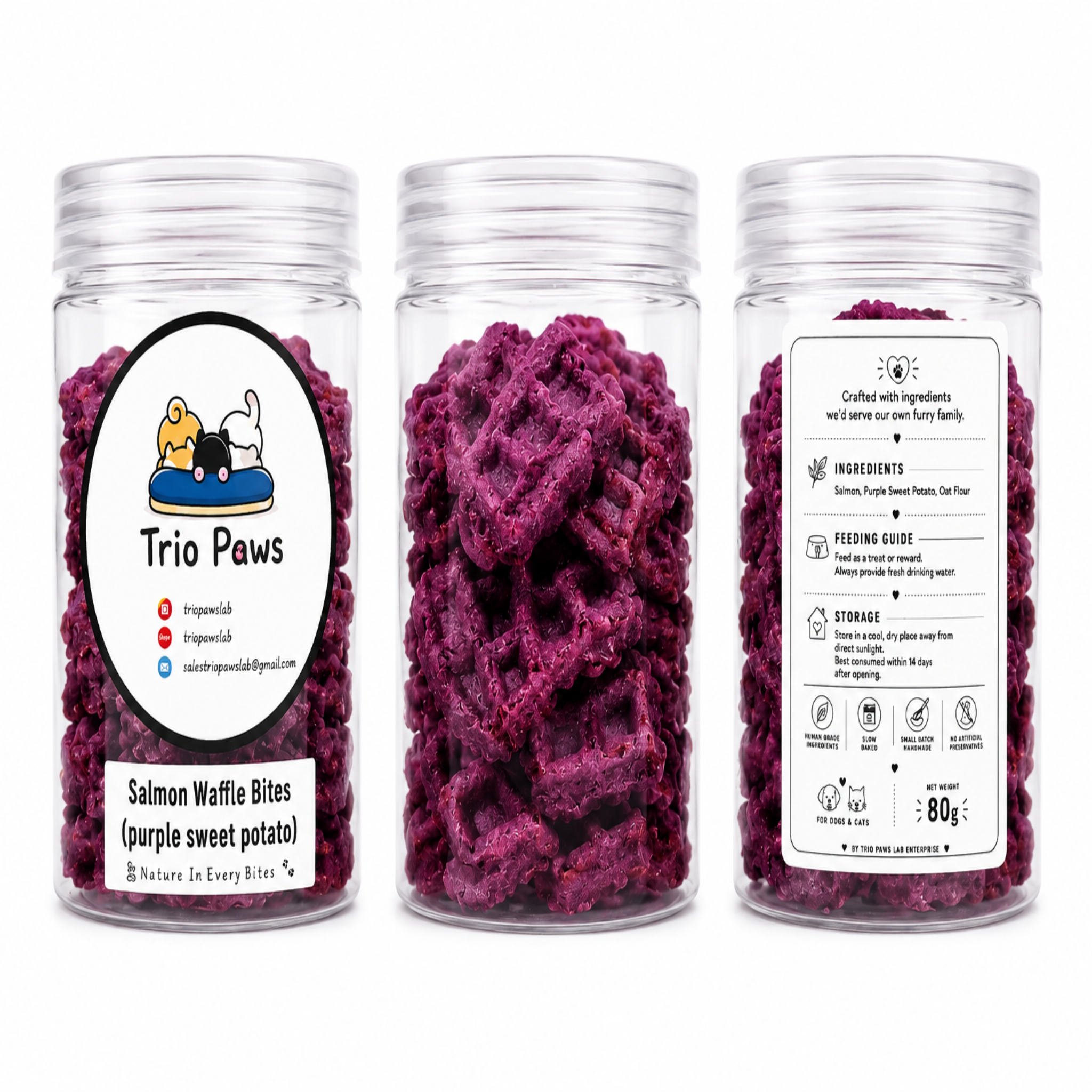 Salmon Pawffle Bites (80g) | Salmon & Purple Sweet Potato Treats for Dogs & Cats